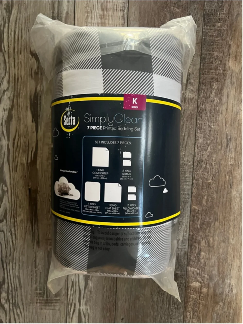 NEW Serta King Black White Buffalo Plaid 7 Piece Printed Bedding Set